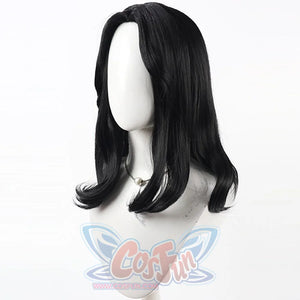 Angled front view of Lune cosplay wig from Clair Obscur Expedition 33 with black medium hair and soft curled tips