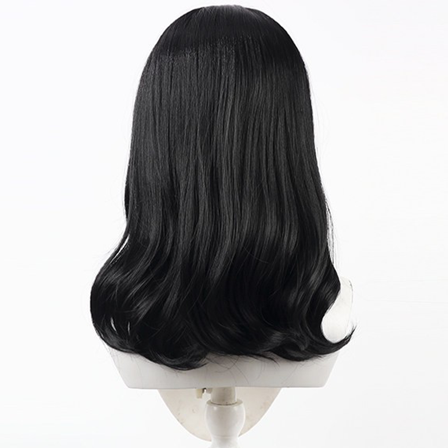 Back view of Lune cosplay wig from Clair Obscur Expedition 33 with medium black hair, smooth layers, and curled ends