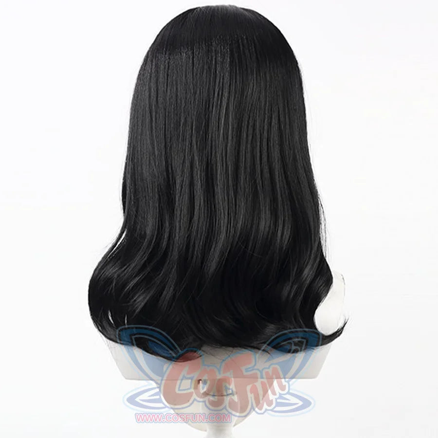 Back view of Lune cosplay wig from Clair Obscur Expedition 33 with medium black hair, smooth layers, and curled ends