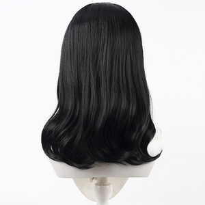 Back view of Lune cosplay wig from Clair Obscur Expedition 33 with medium black hair, smooth layers, and curled ends
