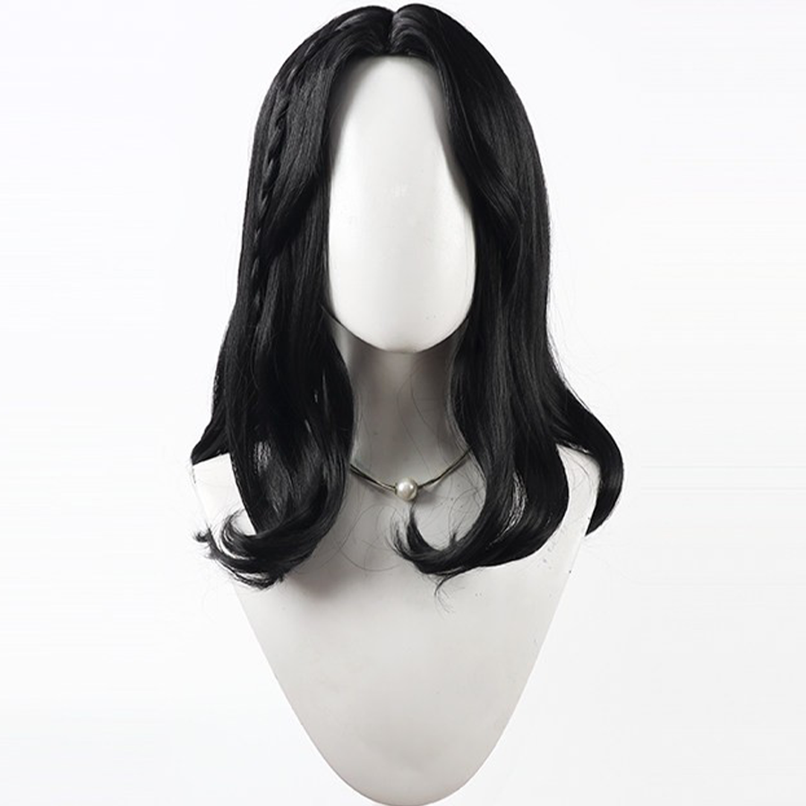 Front view of Lune cosplay wig from Clair Obscur Expedition 33 with medium black waves, center part, and curled ends