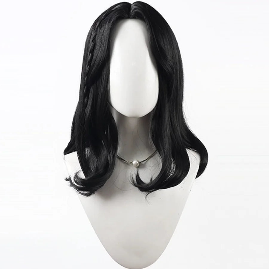 Front view of Lune cosplay wig from Clair Obscur Expedition 33 with medium black waves, center part, and curled ends