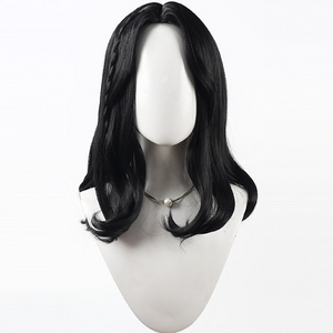 Front view of Lune cosplay wig from Clair Obscur Expedition 33 with medium black waves, center part, and curled ends