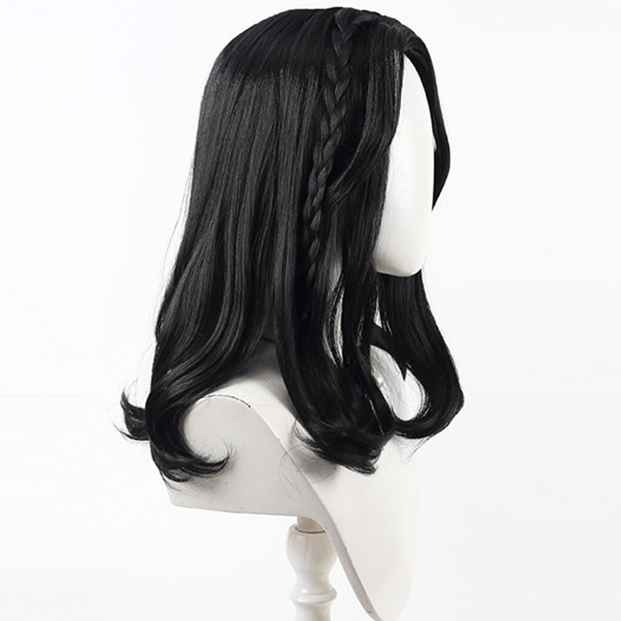Side view of Lune cosplay wig from Clair Obscur Expedition 33 with black braided detail, long side bang, and curled ends