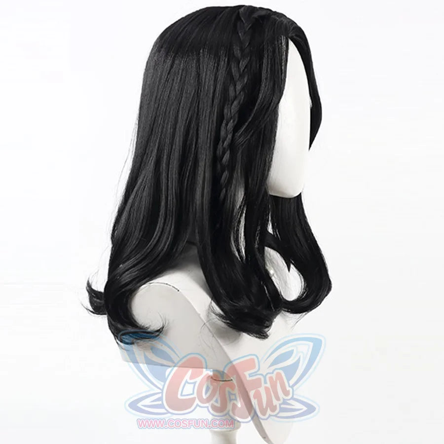 Side view of Lune cosplay wig from Clair Obscur Expedition 33 with black braided detail, long side bang, and curled ends