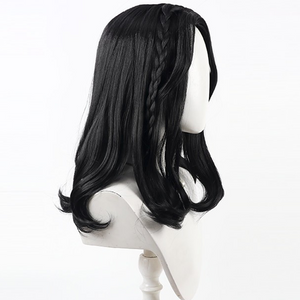 Side view of Lune cosplay wig from Clair Obscur Expedition 33 with black braided detail, long side bang, and curled ends