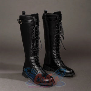 Angled front view of Maelle cosplay boots from Clair Obscur Expedition 33 with black lace-up shafts and side buckle straps