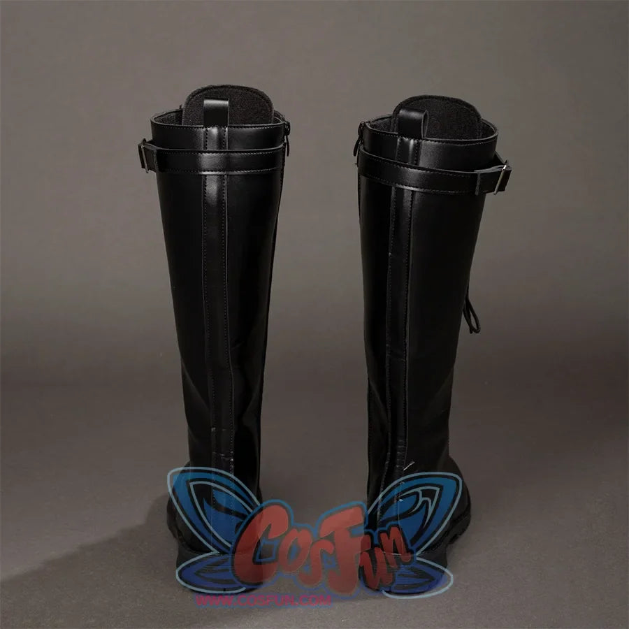 Back view of Maelle cosplay boots from Clair Obscur Expedition 33 with black tall shafts, heel seams, and buckle straps