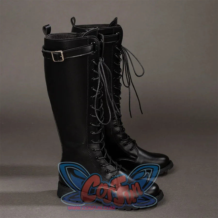 Side view of Maelle cosplay boots from Clair Obscur Expedition 33 with black tall shafts, laces, buckles, and rugged soles