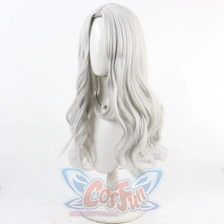 Angled front view of Maelle cosplay wig from Clair Obscur Expedition 33 with long wavy white silver hair