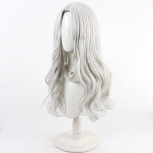 Angled front view of Maelle cosplay wig from Clair Obscur Expedition 33 with long wavy white silver hair