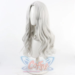 Angled front view of Maelle cosplay wig from Clair Obscur Expedition 33 with long wavy white silver hair