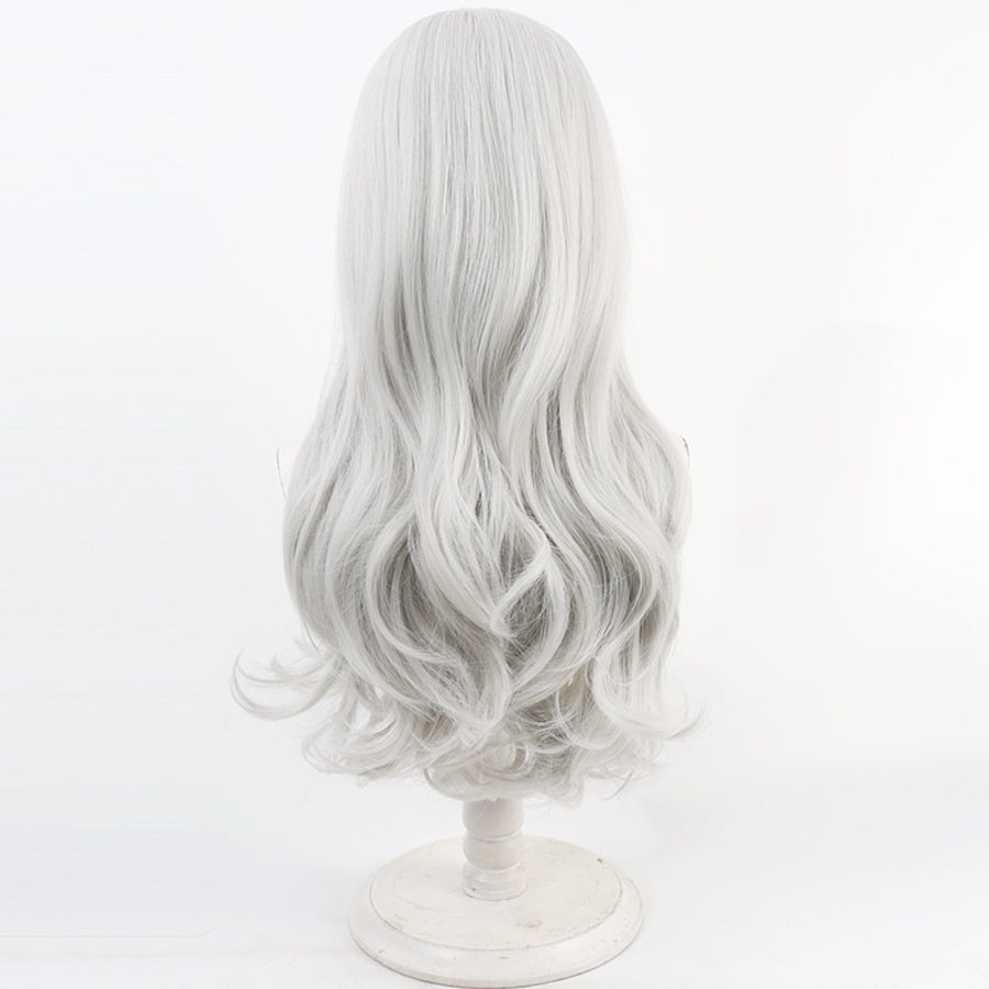 Back view of Maelle cosplay wig from Clair Obscur Expedition 33 with long white silver waves and curled ends