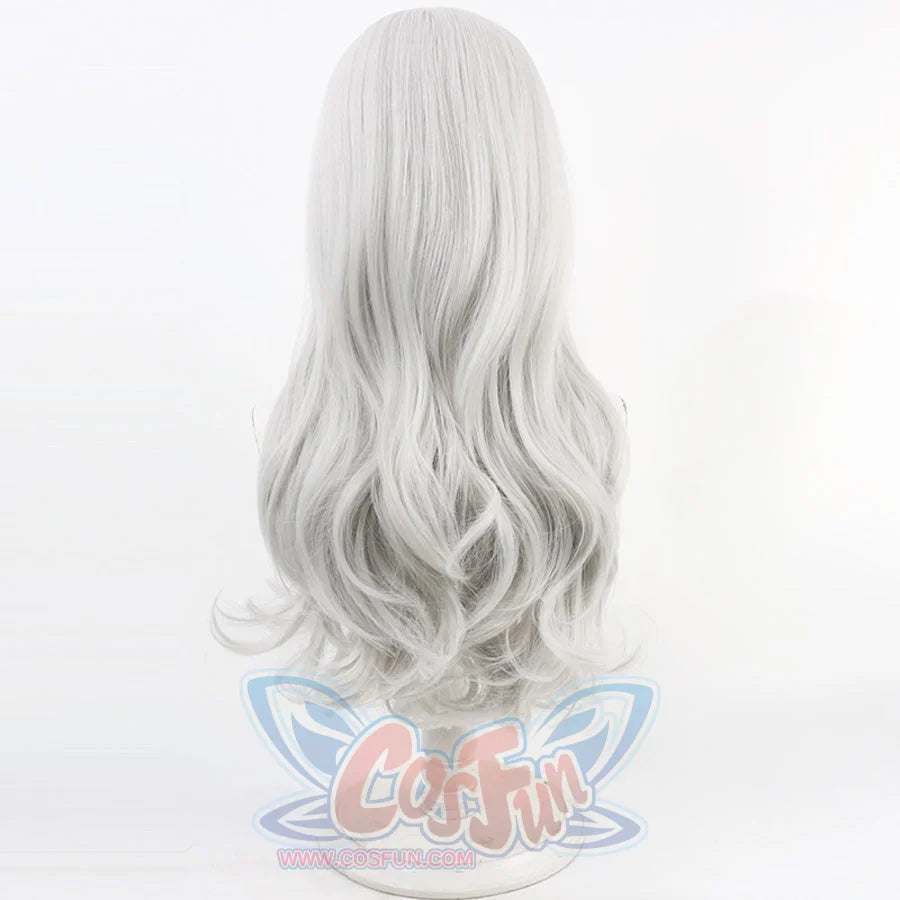 Back view of Maelle cosplay wig from Clair Obscur Expedition 33 with long white silver waves and curled ends