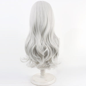 Back view of Maelle cosplay wig from Clair Obscur Expedition 33 with long white silver waves and curled ends
