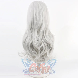 Back view of Maelle cosplay wig from Clair Obscur Expedition 33 with long white silver waves and curled ends