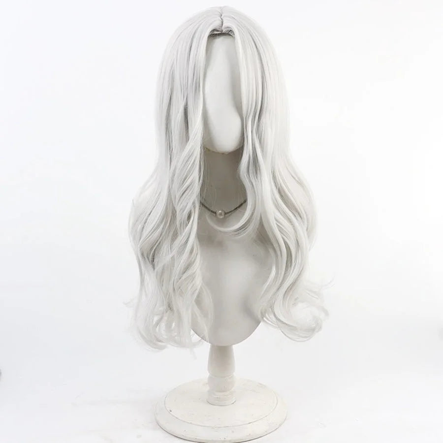 Front view of Maelle cosplay wig from Clair Obscur Expedition 33 with long white silver waves and center part