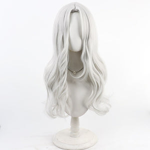 Front view of Maelle cosplay wig from Clair Obscur Expedition 33 with long white silver waves and center part