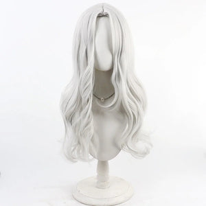 Front view of Maelle cosplay wig from Clair Obscur Expedition 33 with long white silver waves and center part