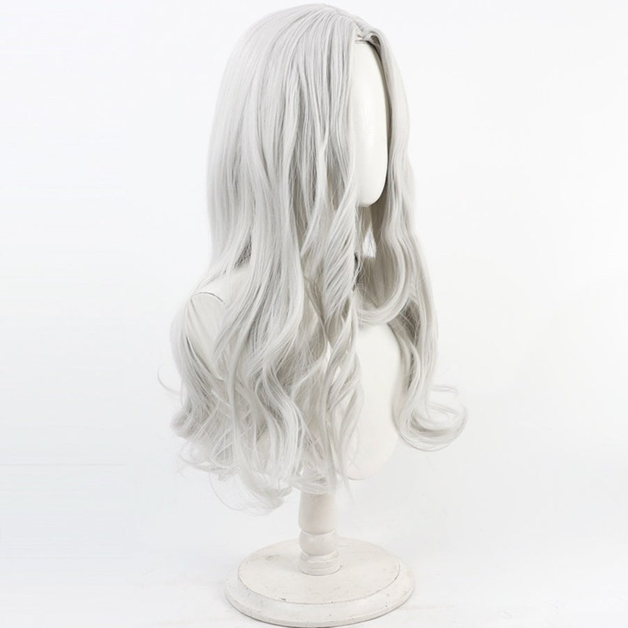 Side view of Maelle cosplay wig from Clair Obscur Expedition 33 with long white silver hair and loose curls