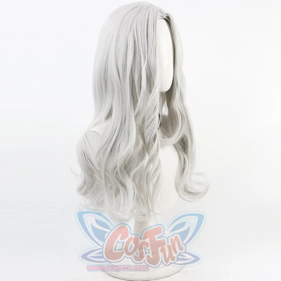 Side view of Maelle cosplay wig from Clair Obscur Expedition 33 with long white silver hair and loose curls
