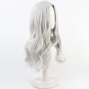 Side view of Maelle cosplay wig from Clair Obscur Expedition 33 with long white silver hair and loose curls