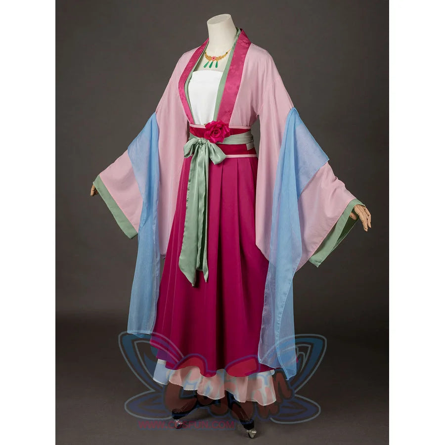 The Apothecary Diaries Maomao cosplay costume angles the blue shawl across pink sleeves and magenta skirt panels.