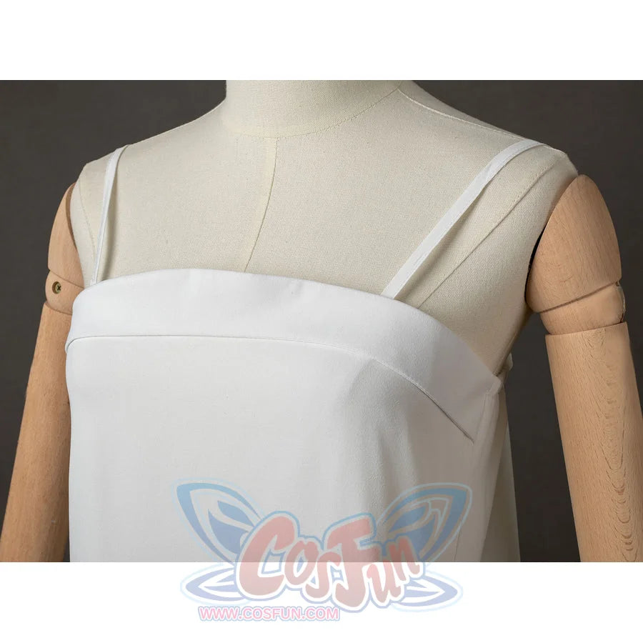 The Apothecary Diaries Maomao cosplay costume centers the white camisole neckline and shoulder straps.