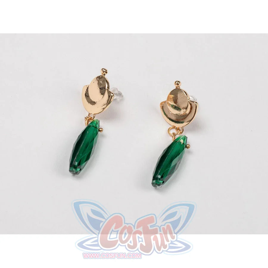 The Apothecary Diaries Maomao cosplay costume hangs green drop earrings from gold-tone floral clips.