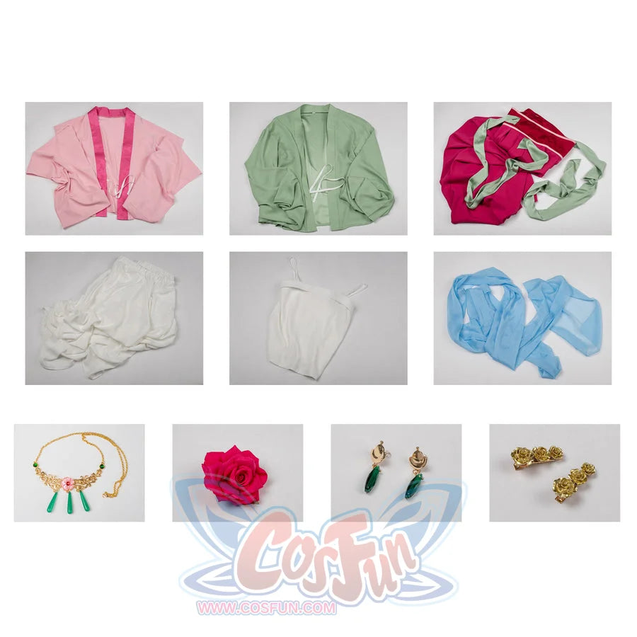 The Apothecary Diaries Maomao cosplay costume lays robe pieces and jewelry into a compact flat-lay overview.