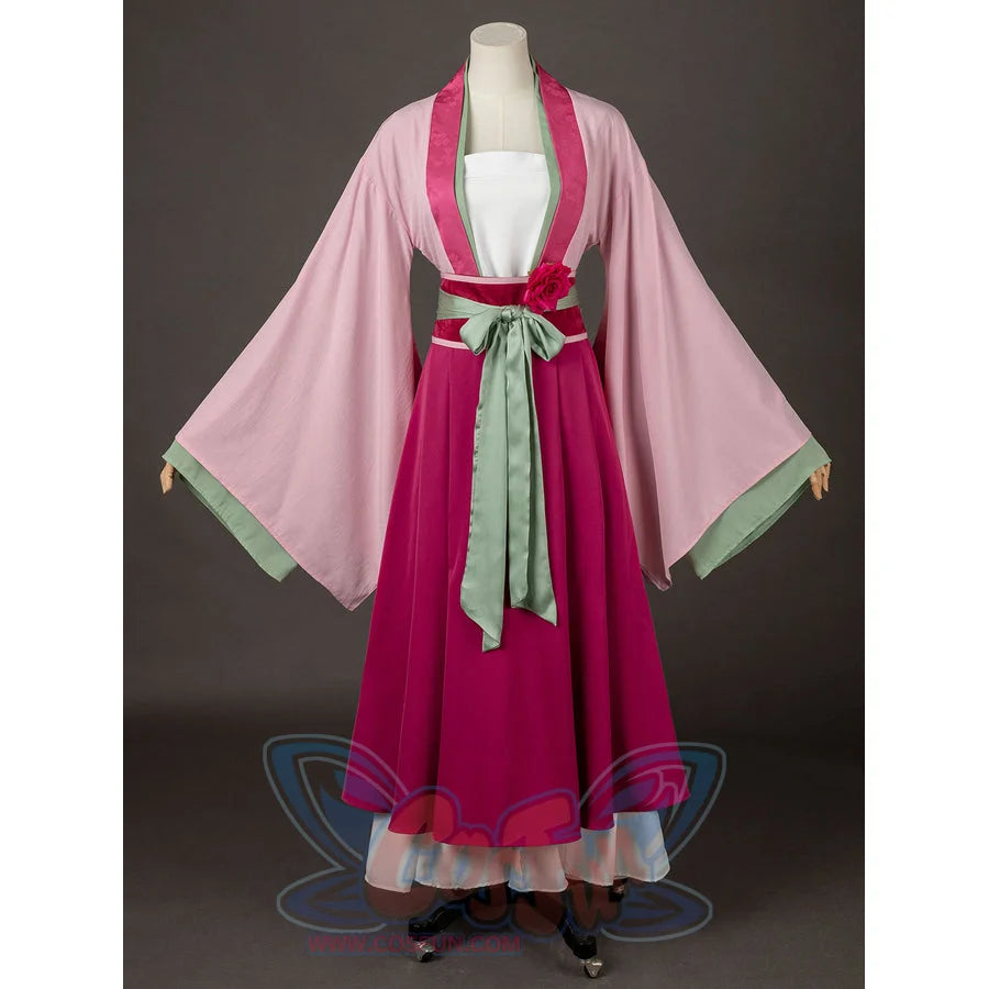 The Apothecary Diaries Maomao cosplay costume centers the floral waist accent against the magenta skirt.