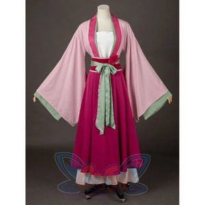 The Apothecary Diaries Maomao cosplay costume centers the floral waist accent against the magenta skirt.