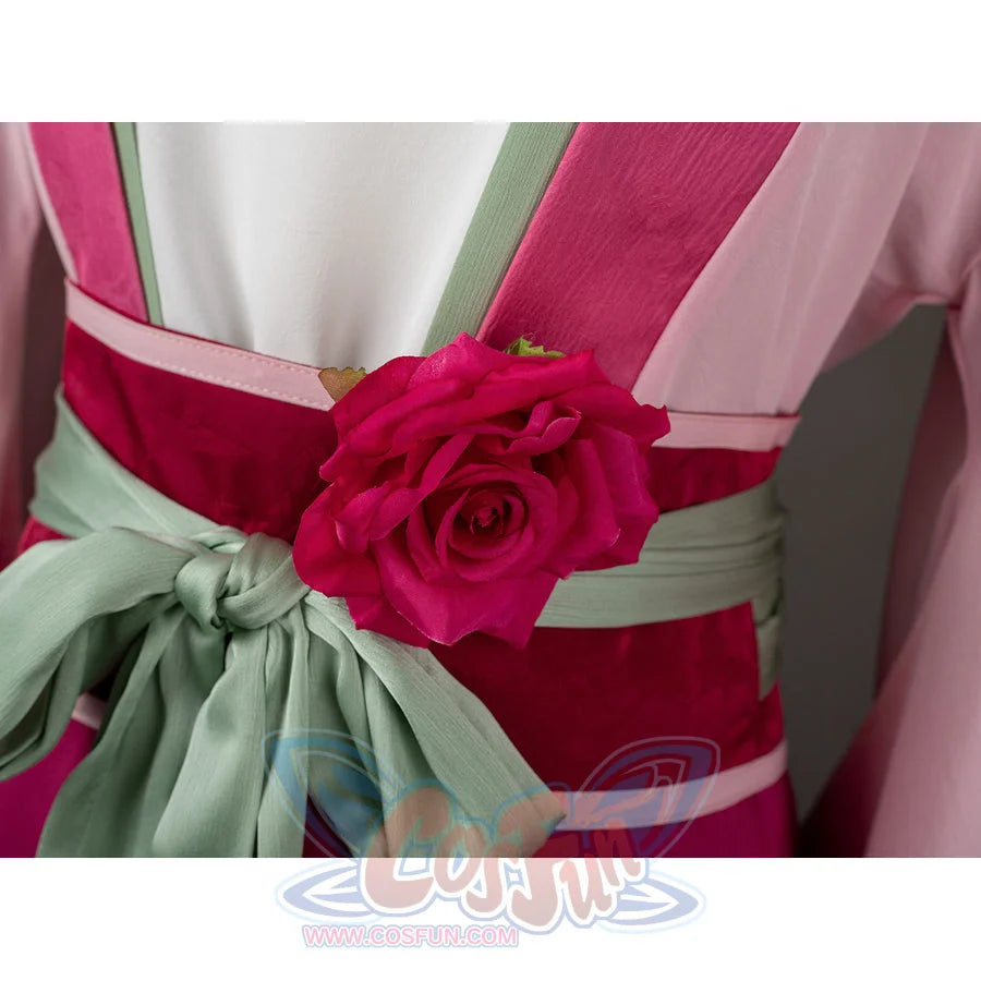 The Apothecary Diaries Maomao cosplay costume anchors the red floral accent beside the mint waist bow.