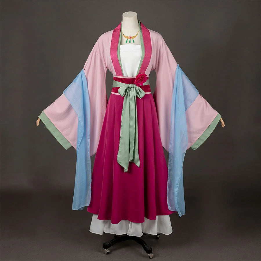COSFUN The Apothecary Diaries Maomao cosplay costume layers pink robes around a magenta skirt and pale blue shawl.