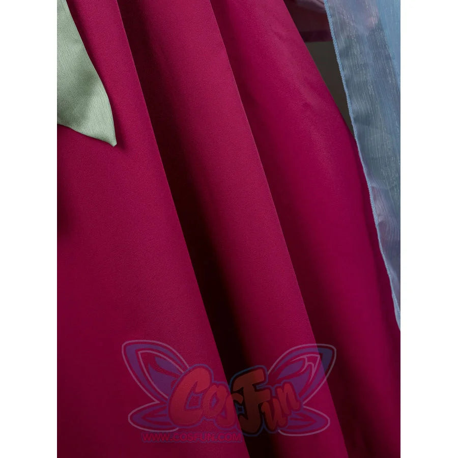 The Apothecary Diaries Maomao cosplay costume traces jacquard texture through the magenta skirt fabric.