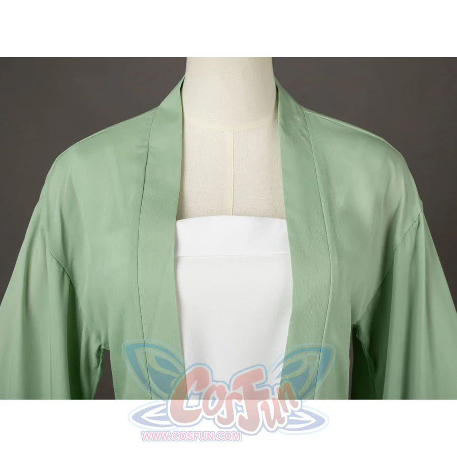 The Apothecary Diaries Maomao cosplay costume frames mint robe lapels over the white inner top.