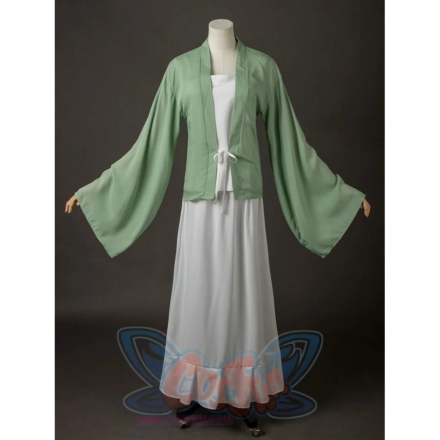 The Apothecary Diaries Maomao cosplay costume opens the mint outer robe over the white inner outfit.