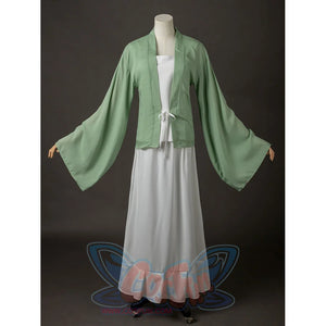 The Apothecary Diaries Maomao cosplay costume opens the mint outer robe over the white inner outfit.