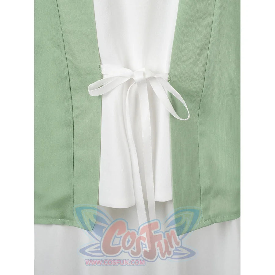 The Apothecary Diaries Maomao cosplay costume ties white cords at the front of the mint robe.