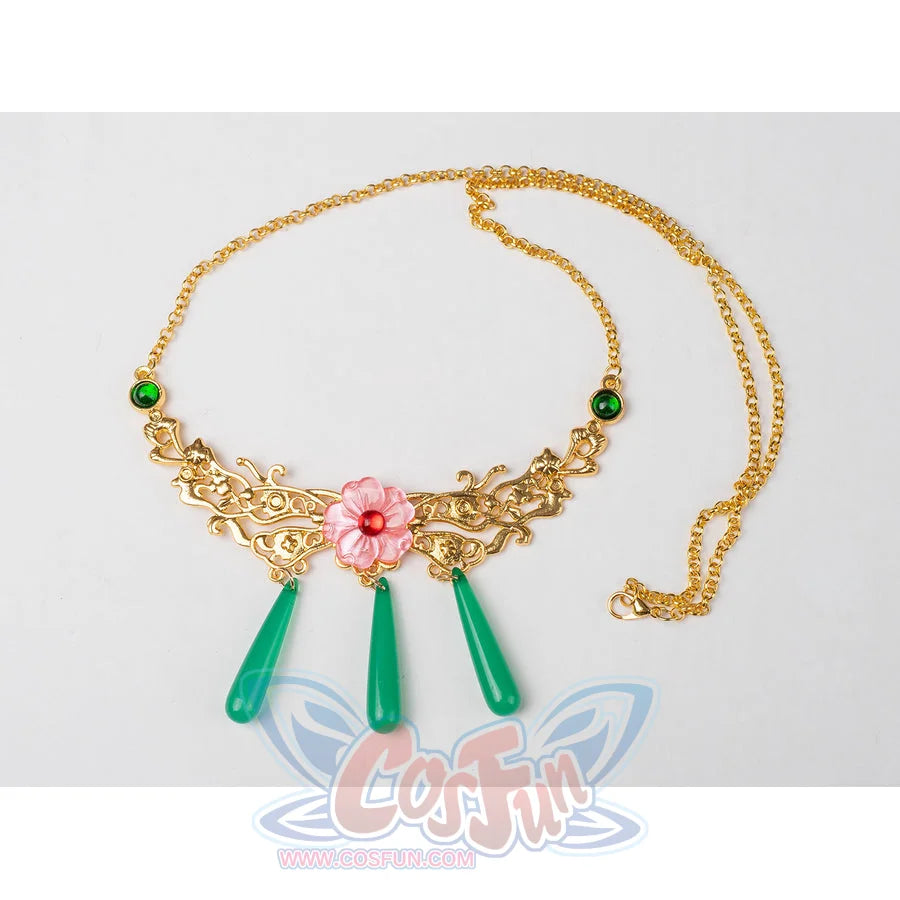 The Apothecary Diaries Maomao cosplay costume sets green drops below the gold-tone flower necklace.