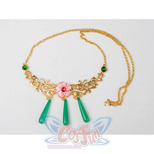 The Apothecary Diaries Maomao cosplay costume sets green drops below the gold-tone flower necklace.