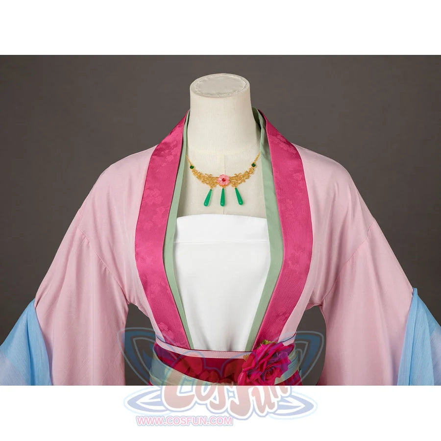 The Apothecary Diaries Maomao cosplay costume sets green neckline ties beneath pink robe lapels.