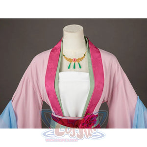 The Apothecary Diaries Maomao cosplay costume sets green neckline ties beneath pink robe lapels.