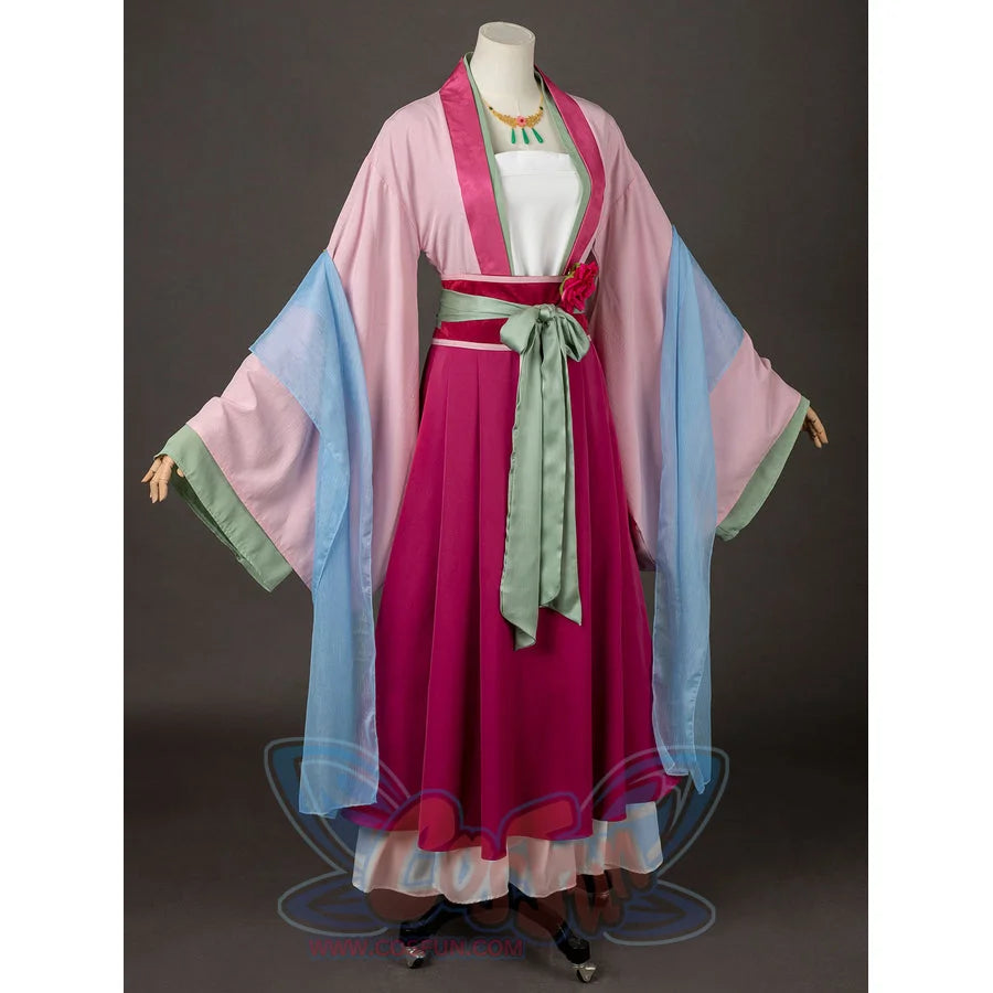 The Apothecary Diaries Maomao cosplay costume centers the mint sash over the magenta skirt and pink robe.
