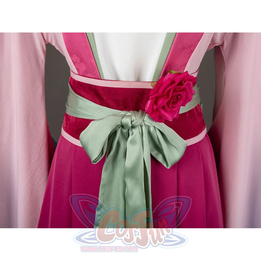 The Apothecary Diaries Maomao cosplay costume ties the mint waist bow above the magenta skirt.