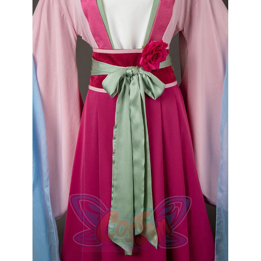 The Apothecary Diaries Maomao cosplay costume drops the mint sash over the magenta skirt front.