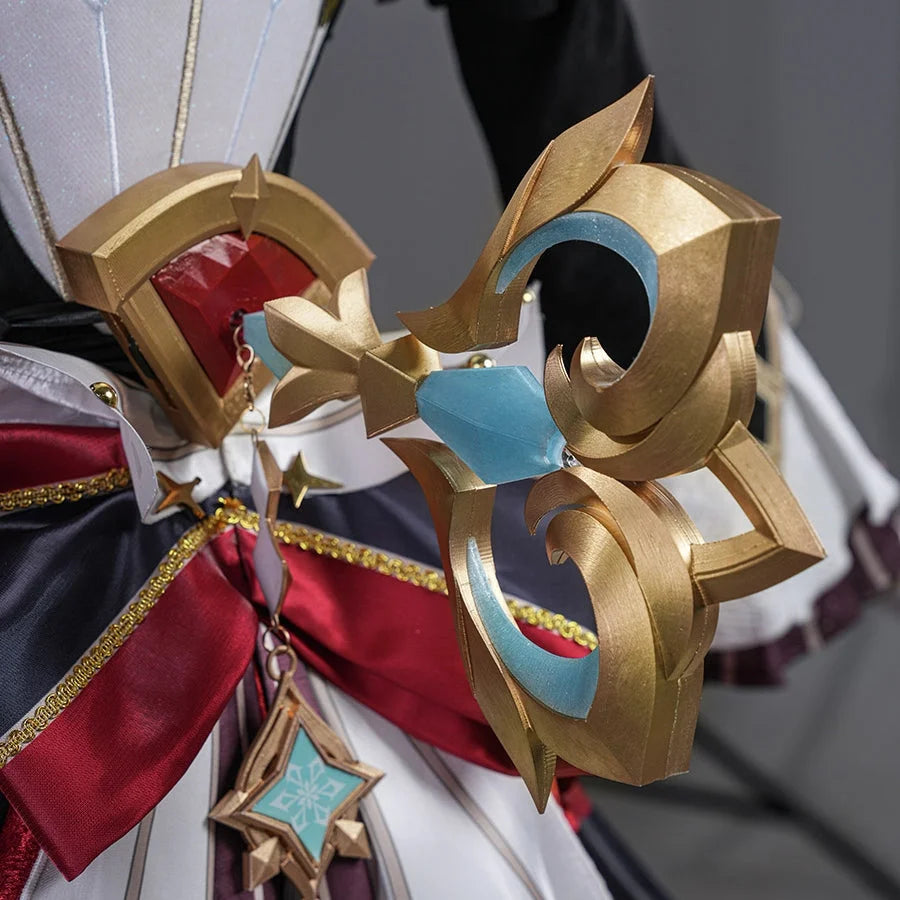 Genshin Impact Marionette Sandrone cosplay clockwork spring prop balances gold-tone PVC parts against blue and red accents.