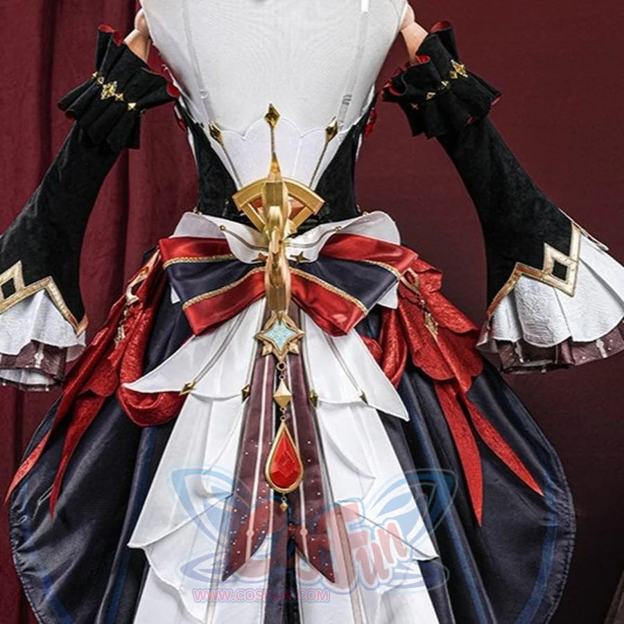 COSFUN Genshin Impact Marionette Sandrone cosplay clockwork spring prop secures to the back of the detailed layered garment.