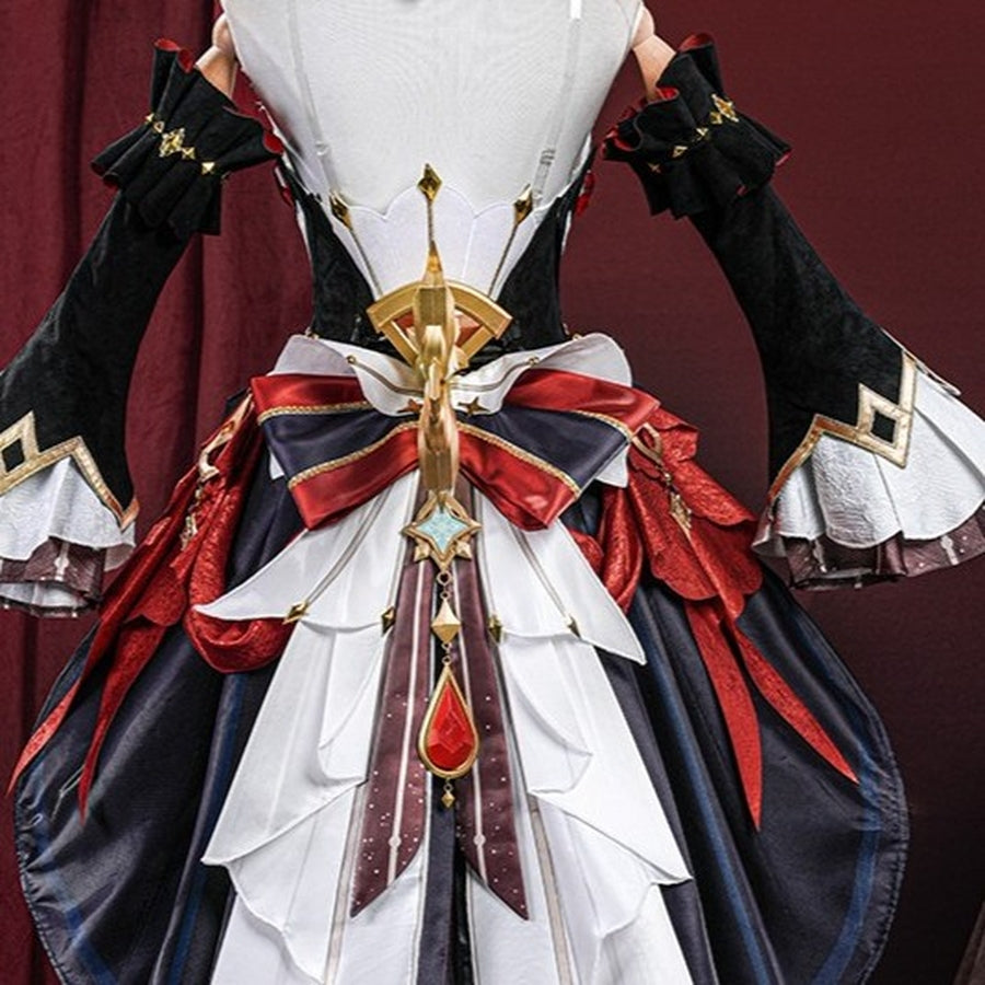 Genshin Impact Marionette Sandrone cosplay clockwork spring prop balances gold-tone PVC parts against blue and red accents.