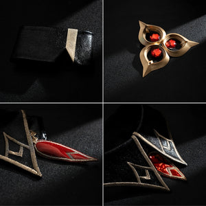 Genshin Impact Marionette Sandrone cosplay costume collects belt trim beside gem-like accessories and costume pieces.
